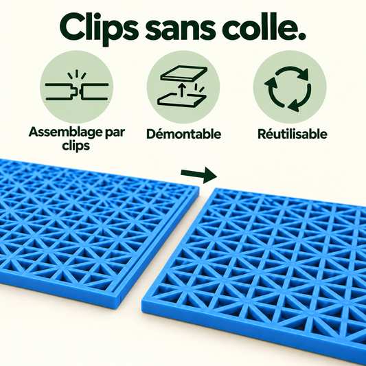 Deux modules bleus à jonction fine et trois pictogrammes : assemblage, démontage et réemploi.