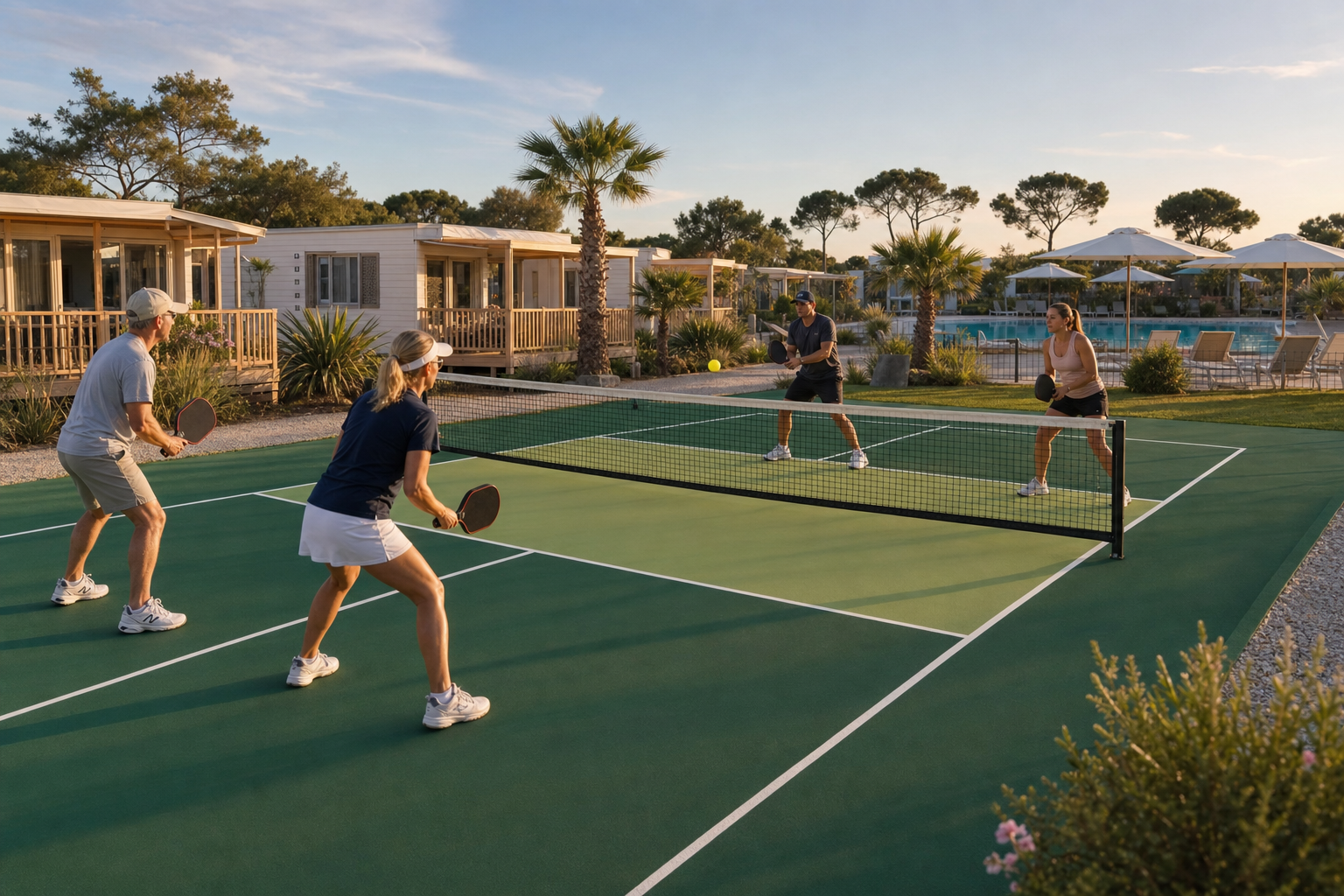 Camping 5 étoiles — Amenity sportive premium entre mobil-homes, piscine et espaces loisirs. Clientèle néerlandaise, allemande et britannique.