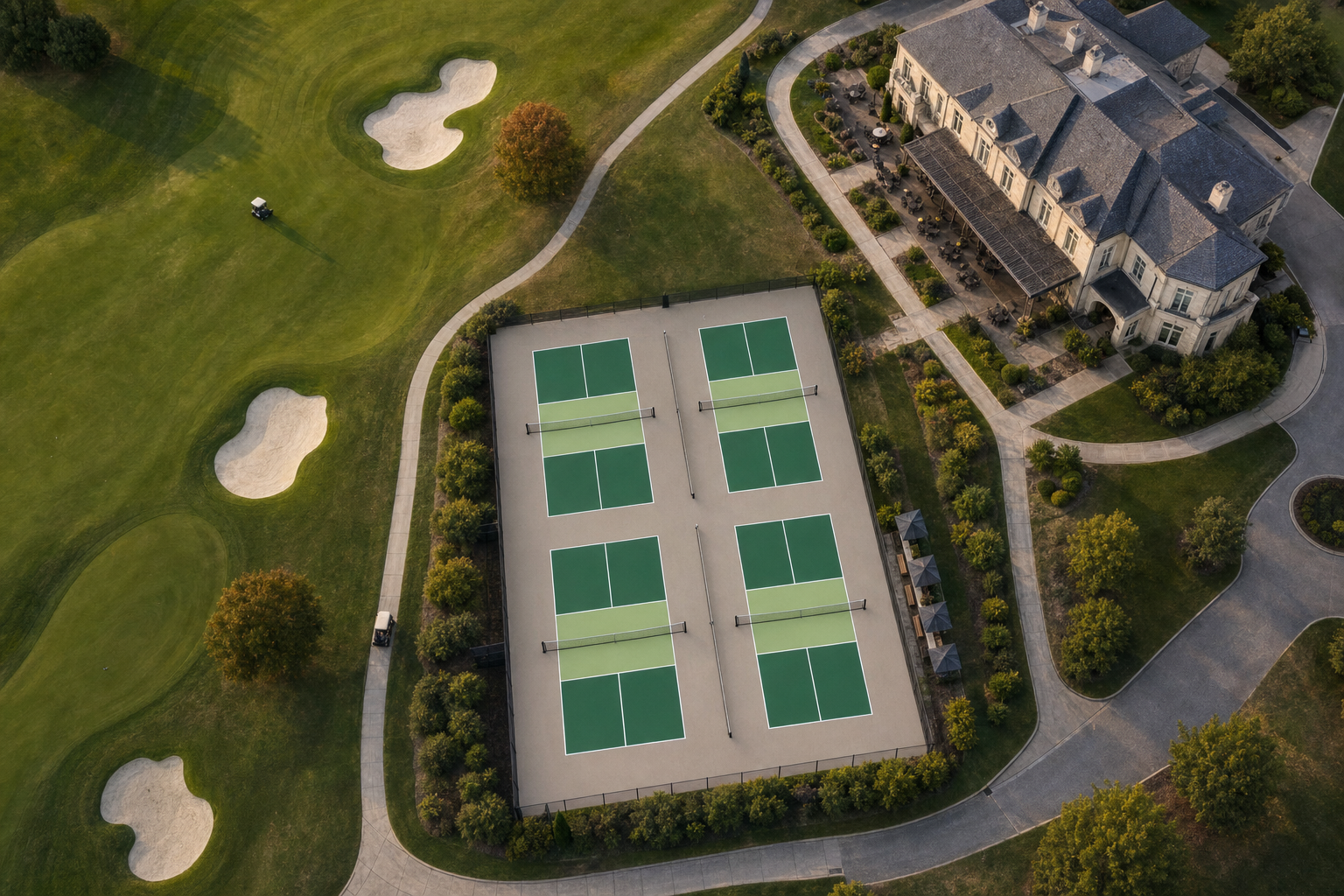 Golf resort & domaine — Pickleball au pied du clubhouse : animation premium sans toucher aux fairways.