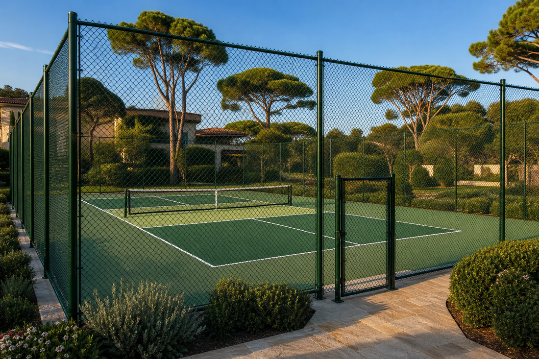 Cloture grillagee verte autour d un terrain de pickleball