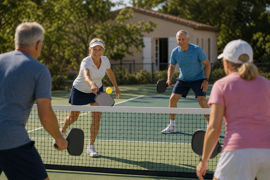 Joueurs seniors souriants en double sur un terrain de pickleball bi-ton vert, bien-être et lien social