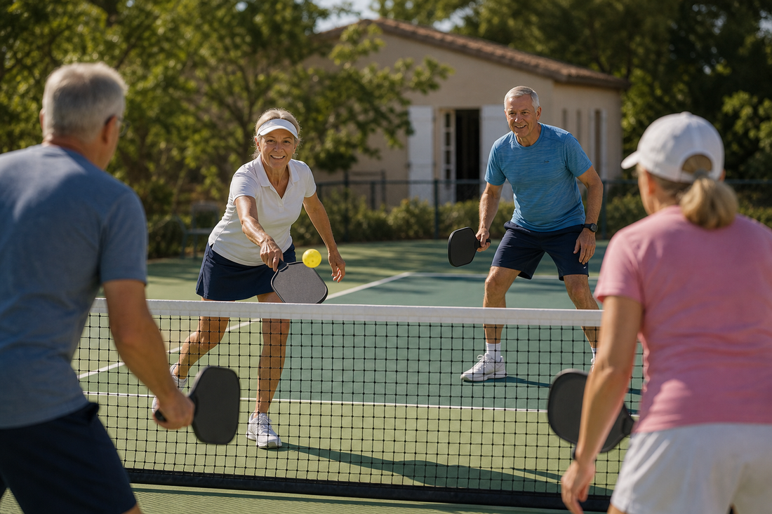 Joueurs seniors souriants en double sur un terrain de pickleball bi-ton vert, bien-être et lien social