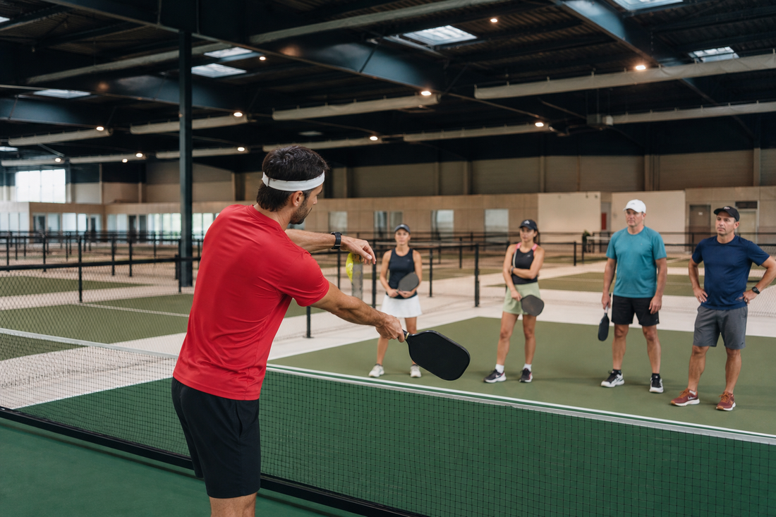 Clinique de pickleball dans le complexe indoor de Smash Pickleball Toulouse, coach en démonstration sur terrain bi-ton
