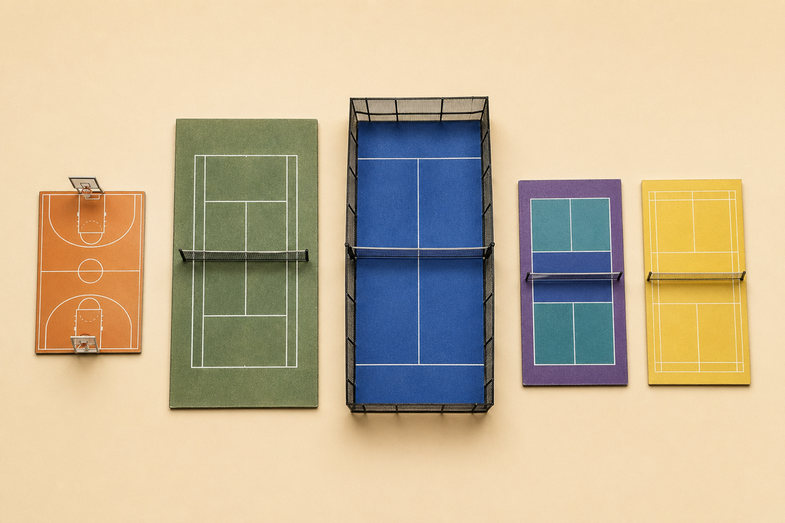 Comparatif des dimensions des courts de pickleball, tennis, padel, badminton et basketball