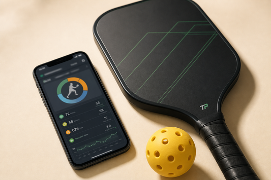 Photo à la une : smartphone avec métriques floues, paddle pickleball noir brand TP, balle jaune, fond crème The Pickleballers