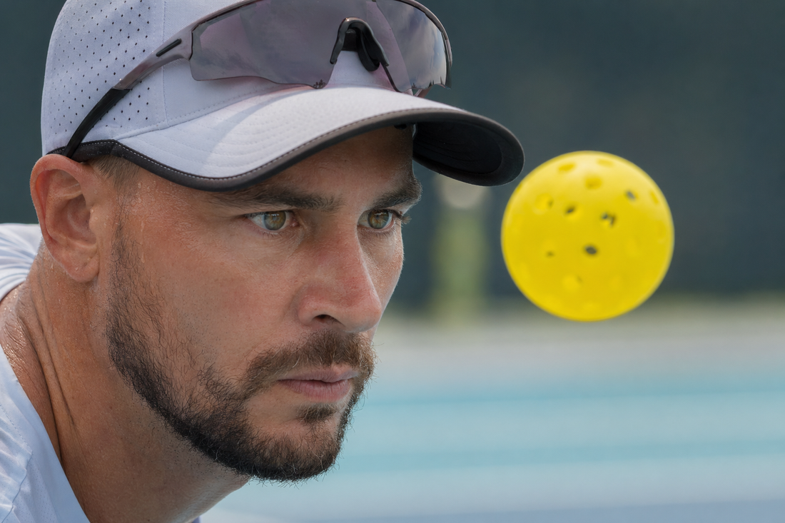 Gros plan sur le visage d'un joueur de pickleball fixant la balle jaune