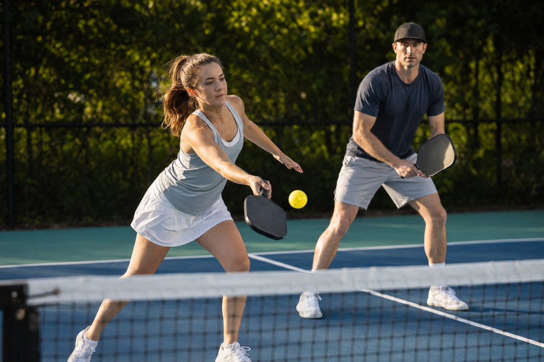 Couple jouant au pickleball en double mixte sur un court extérieur, photo sport