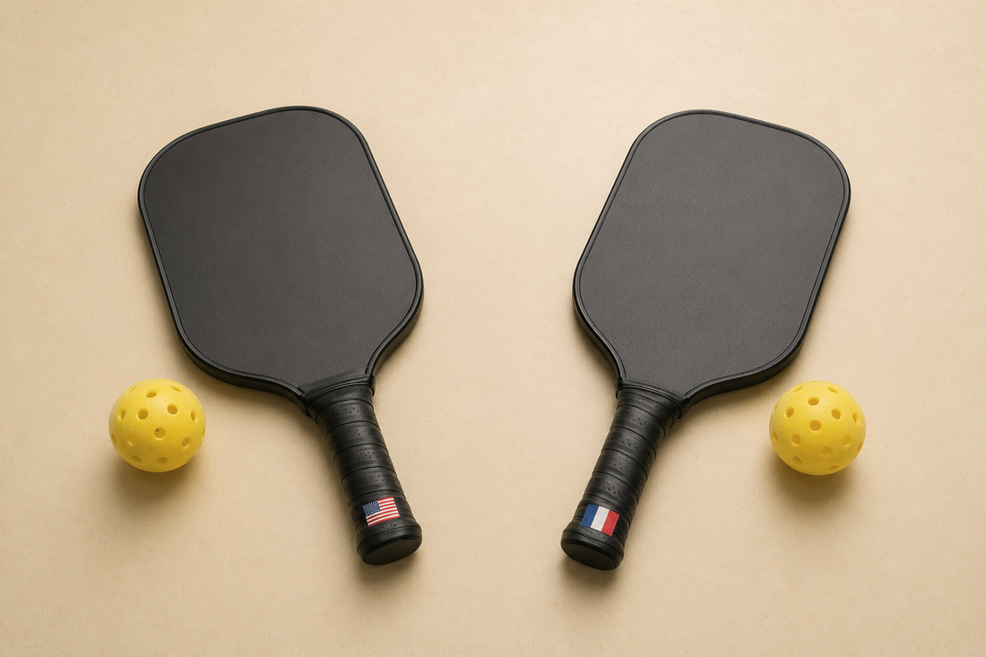 Deux paddles de pickleball avec drapeaux USA et France sur fond crème