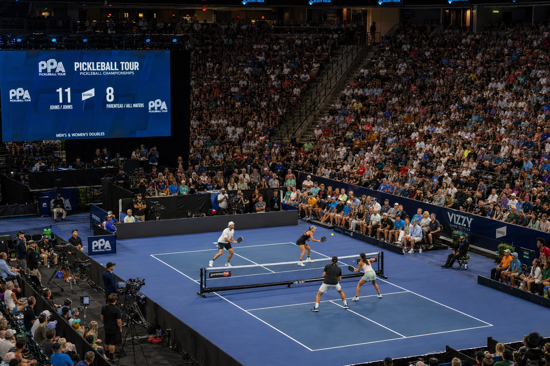 Stade pickleball PPA Tour avec scoreboard et grande foule