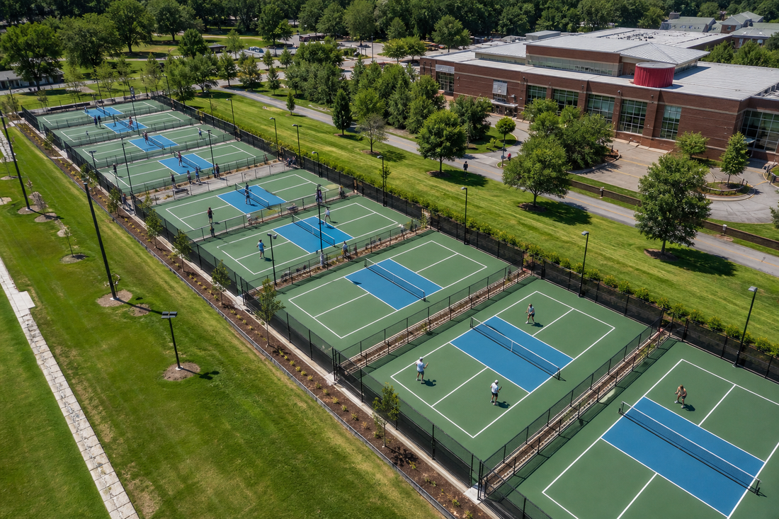 Vue aérienne de dix terrains de pickleball outdoor sur un campus universitaire américain, surfaces bi-ton vert et bleu