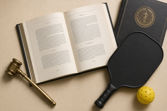Rulebook UPA-A officiel du pickleball pro 2026 avec paddle, balle et marteau de juge