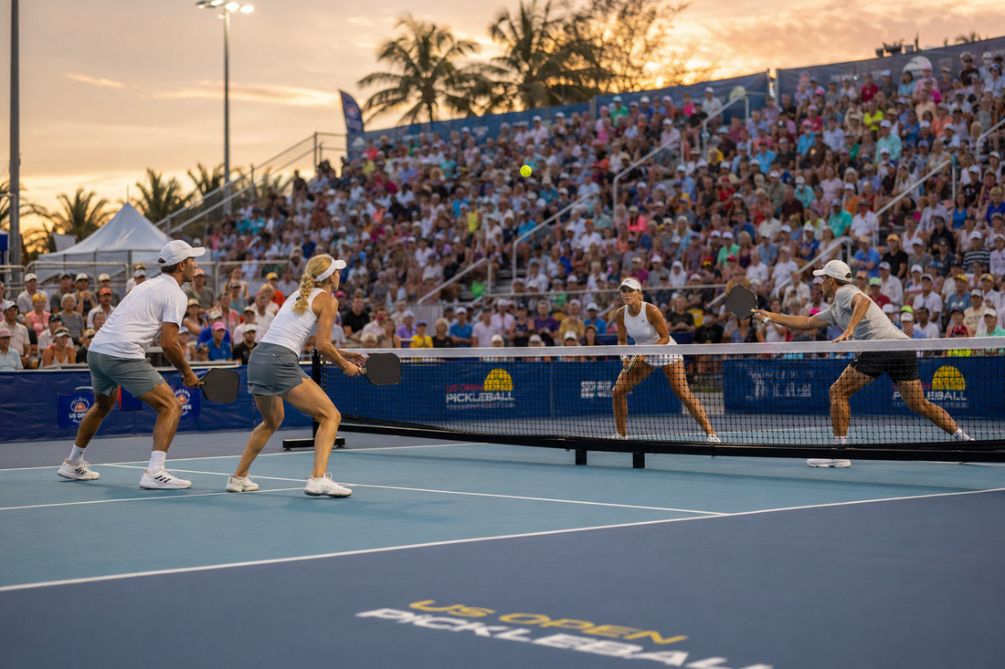 Stade du US Open de Pickleball à Naples au coucher du soleil, foule pleine