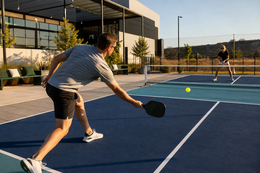 Terrain pickleball entreprise Texas, court bi-tons bleu et kitchen contrastée, campus tech - blog The Pickleballer Shop
