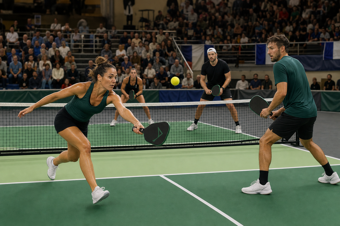 Pickleball indoor compétition France, salle officielle, terrain vert et kitchen claire, doubles mixte - blog