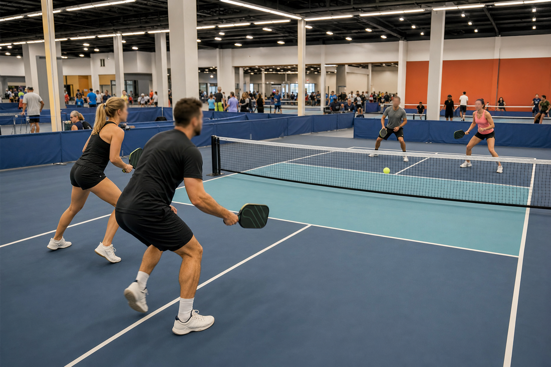 Tournoi pickleball indoor sud de la France, multiples terrains, rallye compétitif - blog The Pickleballer Shop