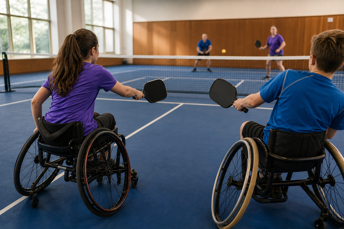Jeunes en fauteuil roulant sportif pratiquant le pickleball en salle, projet inclusif à Barcelone