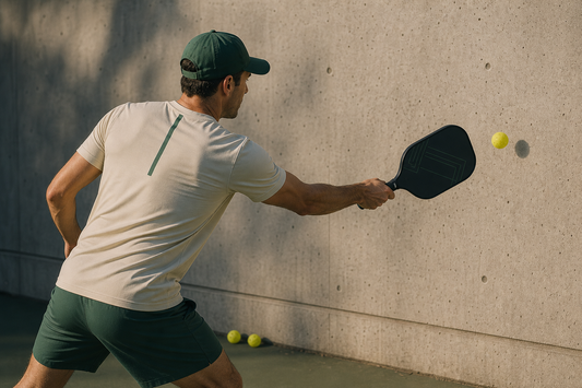 Joueur qui s'entraîne seul au pickleball contre un mur avec une raquette carbone