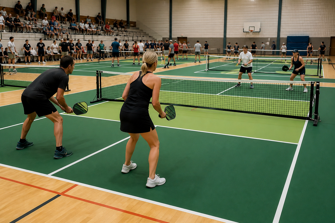 Tournoi indoor de pickleball multi-terrains dans un gymnase français style Bugey Pickle Open