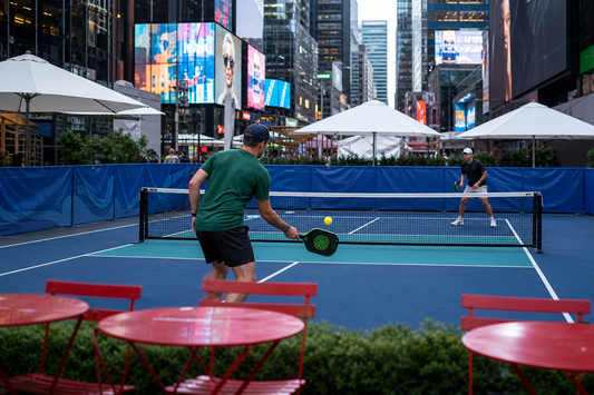 Court de pickleball temporaire bi-ton bleu et teal au milieu de Times Square à New York