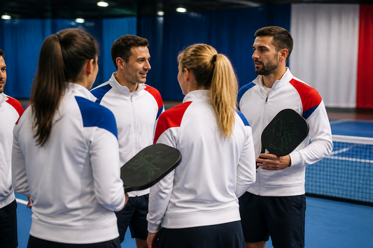 Joueurs de l'équipe de France de pickleball en discussion sur un terrain indoor aux couleurs tricolores