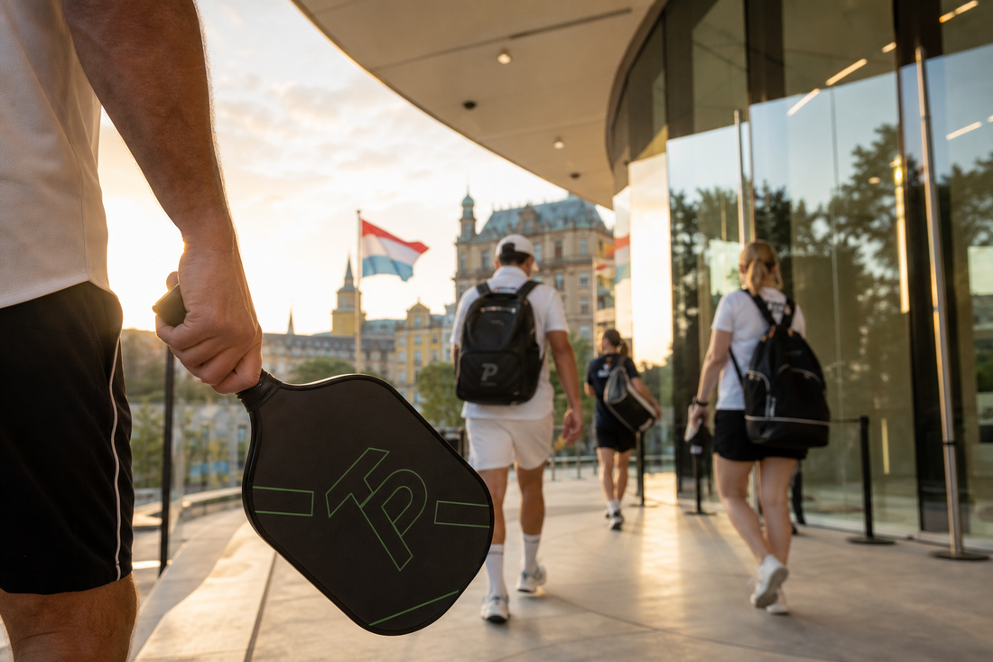 Joueurs pickleball se rendant à un complexe indoor au Luxembourg pour un open international