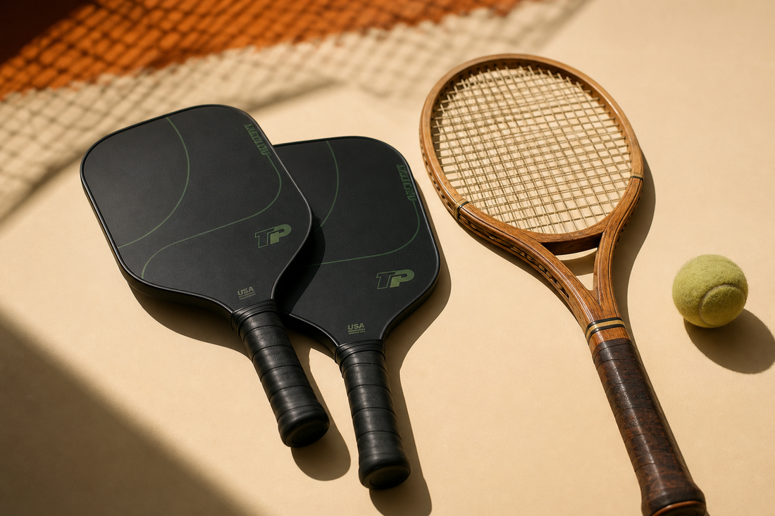 Raquettes pickleball et tennis côte à côte, symbole du débat entre les deux sports de raquette