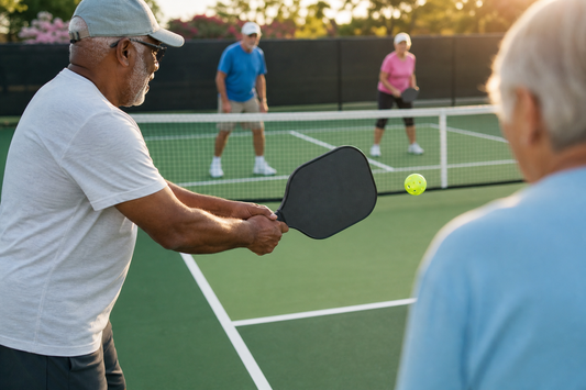 Groupe de seniors pratiquant le pickleball en douceur sur un terrain outdoor bi-ton
