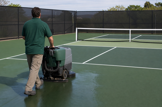 Nettoyage professionnel d un terrain de pickleball en résine acrylique bi-ton avec autolaveuse