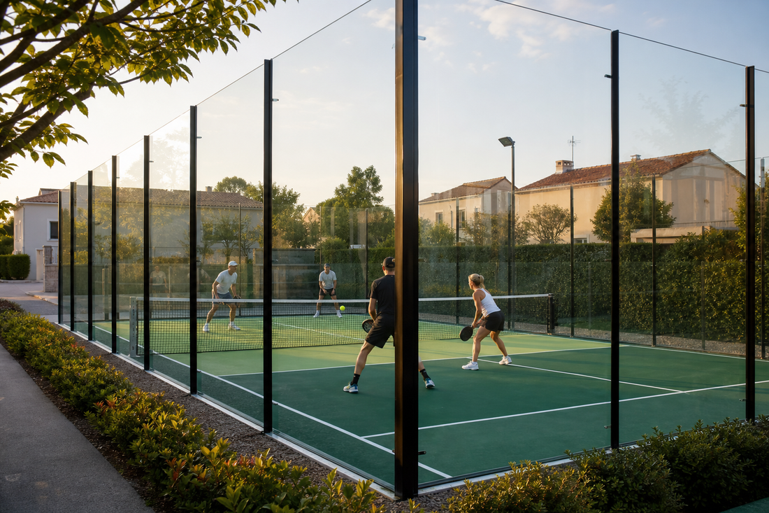 Terrain pickleball près d'habitations entouré de paravalles vitrées PICKLEGLASS pour réduire le bruit