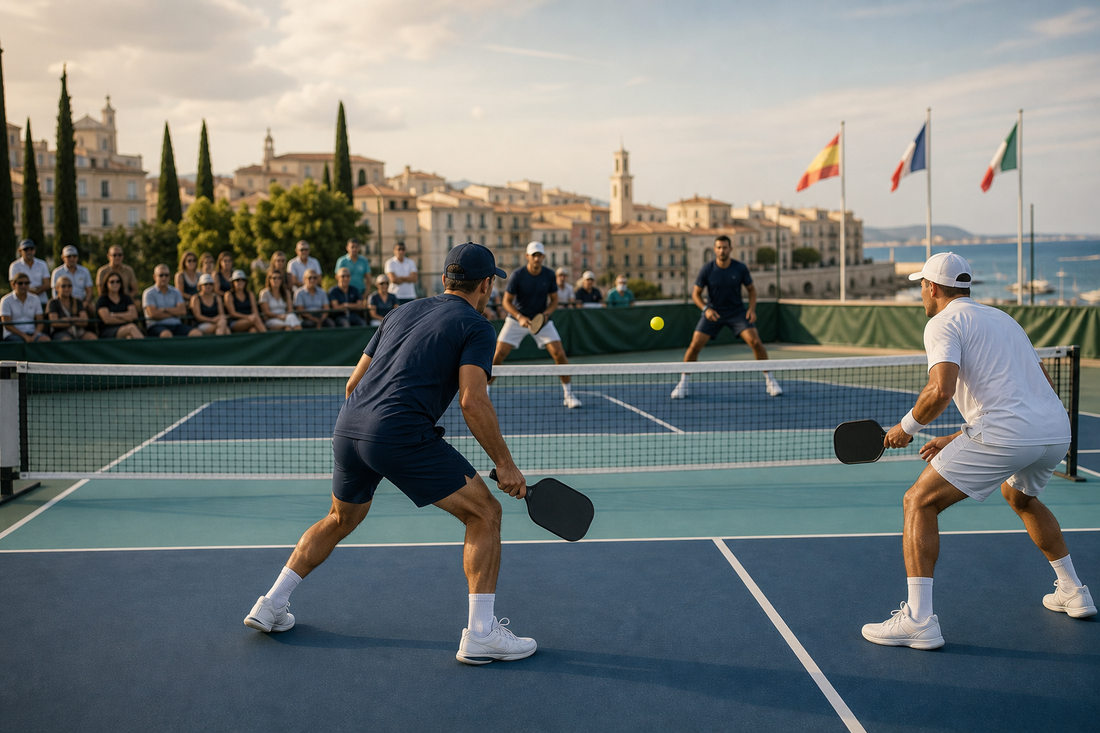 Tournoi professionnel de pickleball en Europe, court bi-ton bleu et kitchen teal, saison PPA Tour Europe 2026-2027