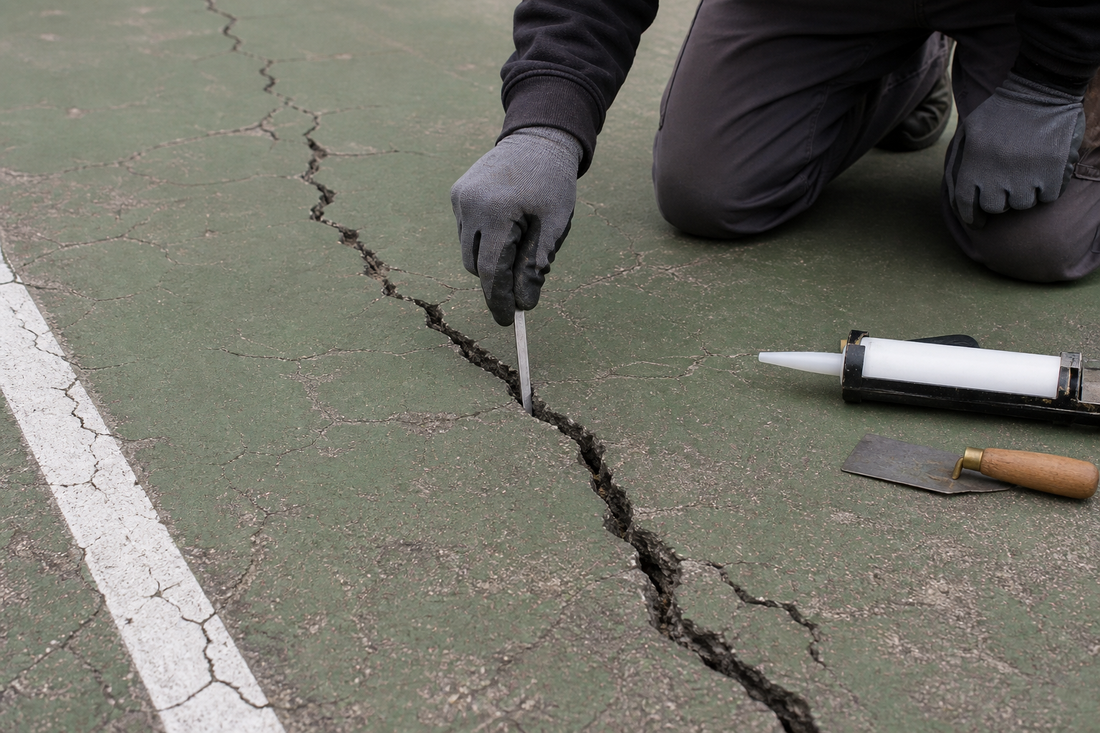 Technicien inspectant une fissure sur un terrain de tennis en résine usée, diagnostic avant réparation