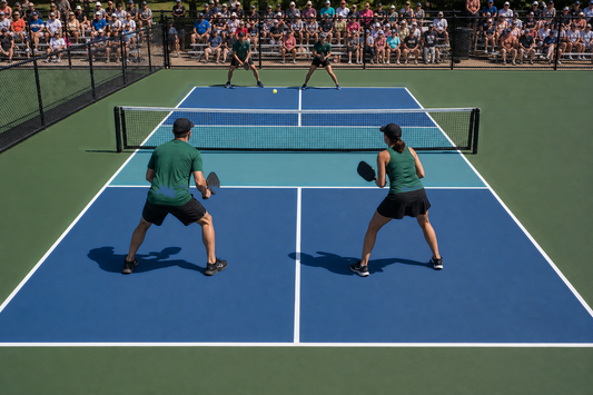Match de pickleball en double mixte sur un court réglementaire : kitchen teal d'un seul tenant, T de service blanc, filet et tribunes