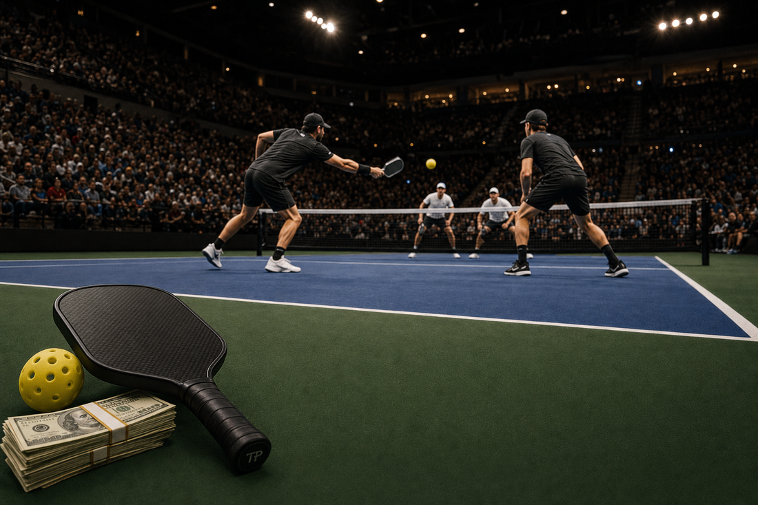 Stade de pickleball professionnel rempli de spectateurs lors d'un match du PPA Tour, paddle premium, billets de banque et balle jaune au premier plan symbolisant l'investissement Apollo