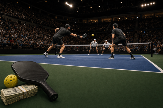 Stade de pickleball professionnel rempli de spectateurs lors d'un match du PPA Tour, paddle premium, billets de banque et balle jaune au premier plan symbolisant l'investissement Apollo