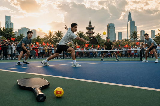 Match de pickleball outdoor au Vietnam au coucher du soleil, joueurs vietnamiens en plein effort, drapeaux vietnamiens dans la foule, paddle premium et balle au premier plan