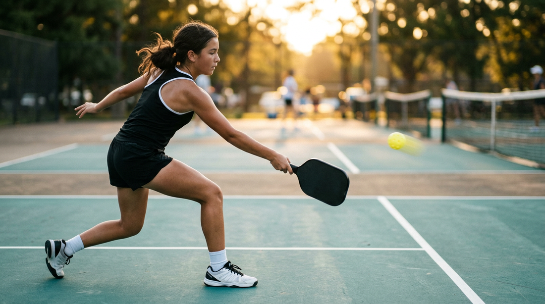 Kelly Goodnow, jeune joueuse de pickleball de 14 ans, en pleine action sur un court extérieur — illustration de son arrivée sur le circuit professionnel PPA Tour