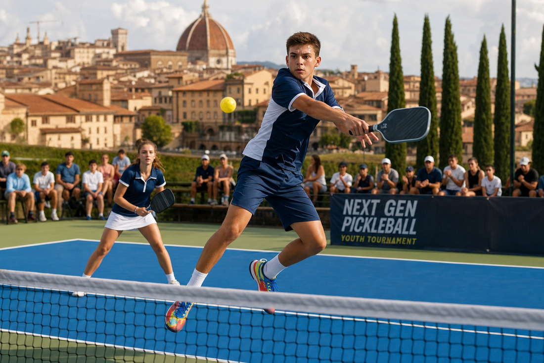 Jeune joueur européen en plein backhand au tournoi Next Gen Pickleball U18 en Italie 2026, avec dôme de cathédrale italienne en arrière-plan
