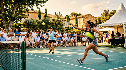 Match de pickleball en plein air à Aix-en-Provence avec spectateurs et architecture méditerranéenne en arrière-plan