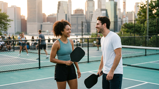 Couple de jeunes adultes complices sur un court de pickleball à New York avec la skyline en arrière-plan, à l'heure dorée — illustration de la tendance pickleball comme nouveau lieu de rencontre