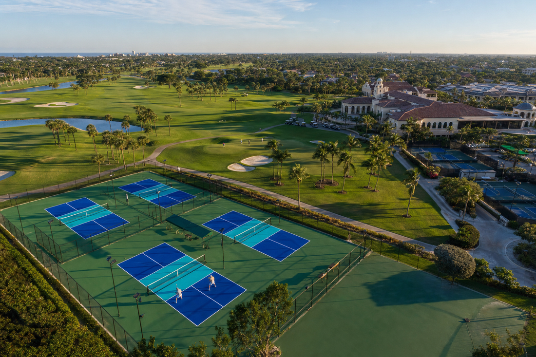 Vue aérienne d'un resort de golf américain type PGA National avec courts de pickleball aux couleurs US Open intégrés à côté du parcours et du clubhouse