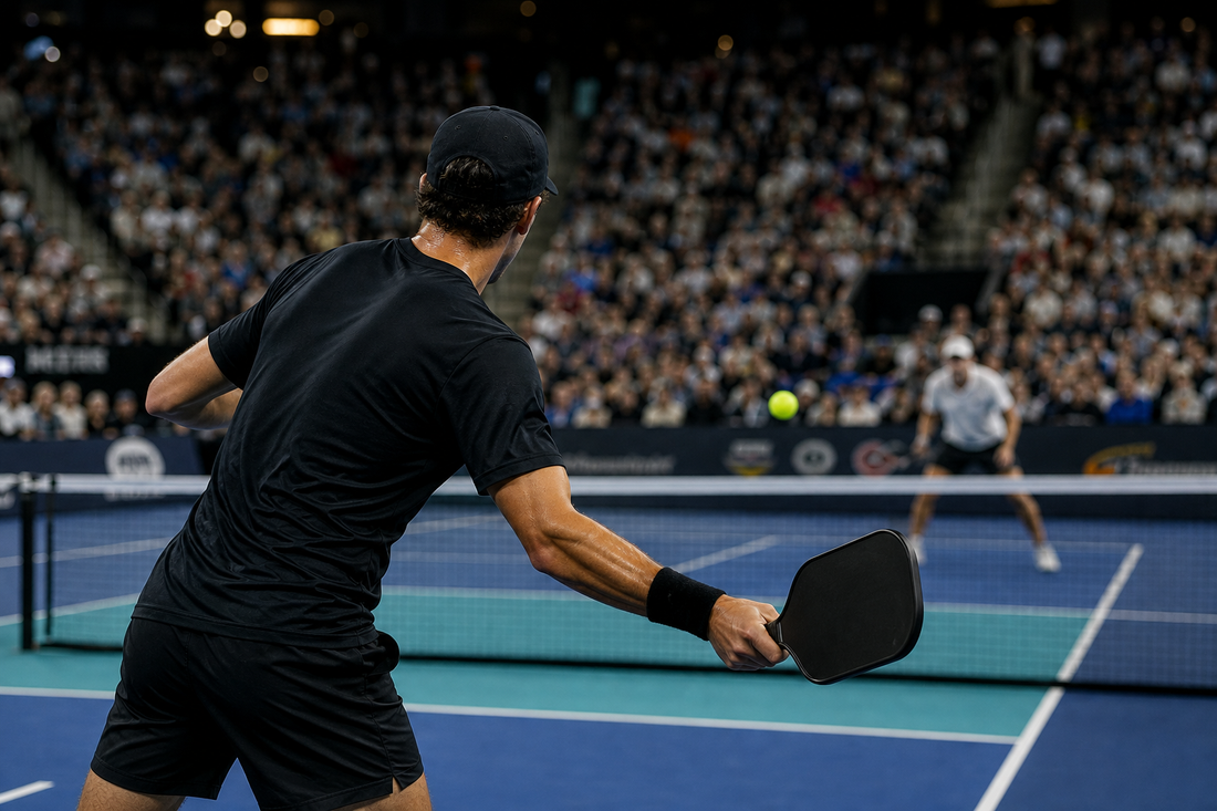 Joueur professionnel de pickleball en tournoi dans un stade rempli de spectateurs