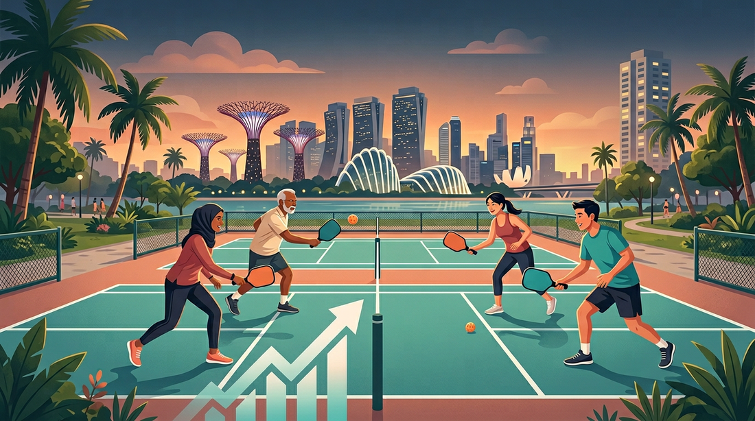 Court de pickleball public à Singapour, joueurs en mixte au coucher du soleil avec la skyline de Marina Bay en arrière-plan