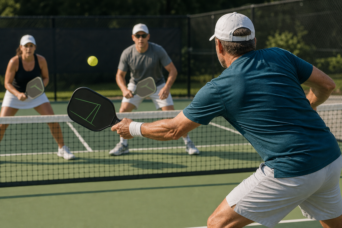 Joueur exécutant un speed-up au filet sur un terrain de pickleball