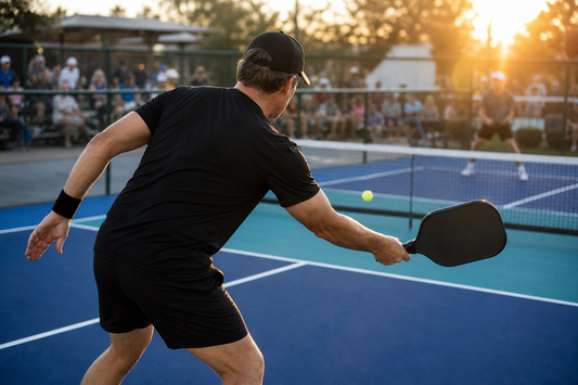 Joueur de pickleball amateur en plein smash au coucher du soleil, ambiance de comedie sportive