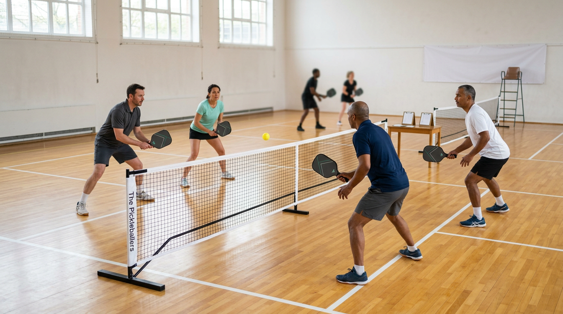 Tournoi de pickleball amateur en gymnase français — illustration des compétitions FFT d'avril 2026 du Finistère et de Paris Ouest