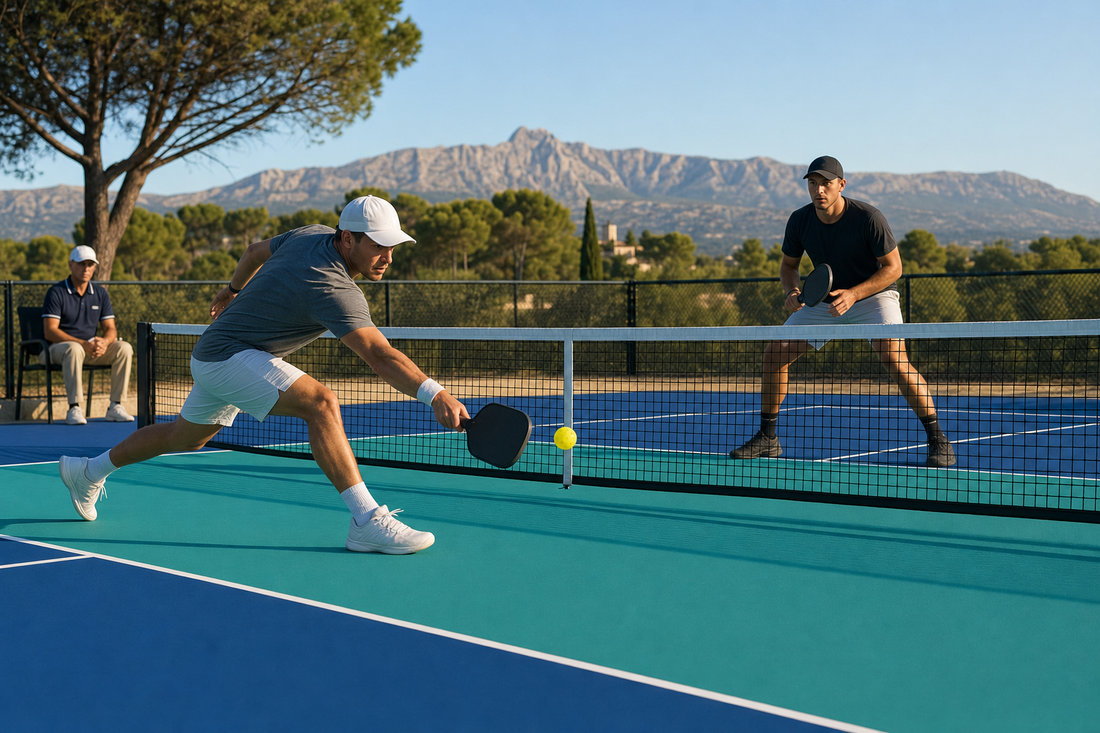Compétition de pickleball à Aix-en-Provence : deux joueurs sur terrain résine bicolor (zone de jeu bleue, kitchen turquoise), Sainte-Victoire en arrière-plan.