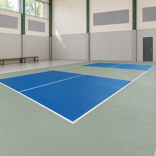 Terrain de pickleball bleu déployé en salle, lignes intégrées, sans filet.