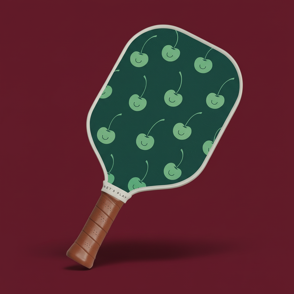 Raquette aux cerises sur fond bordeaux