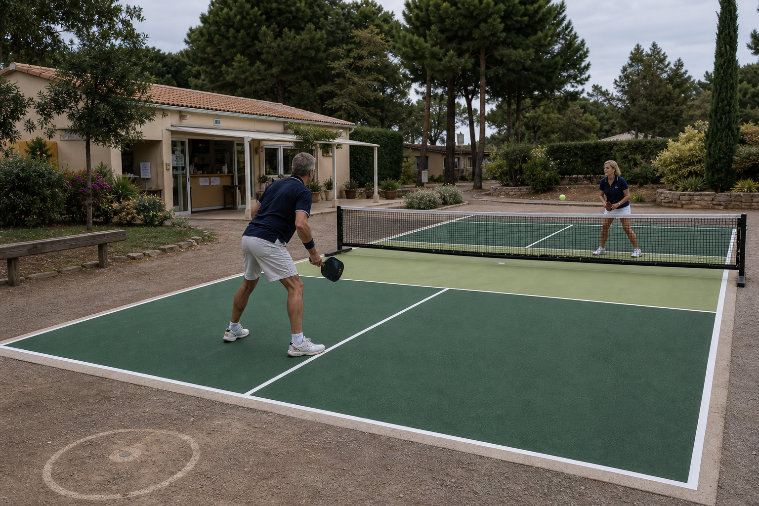 Reconversion pétanque — Ancienne dalle de pétanque transformée en terrain pickleball en 1 à 2 jours.