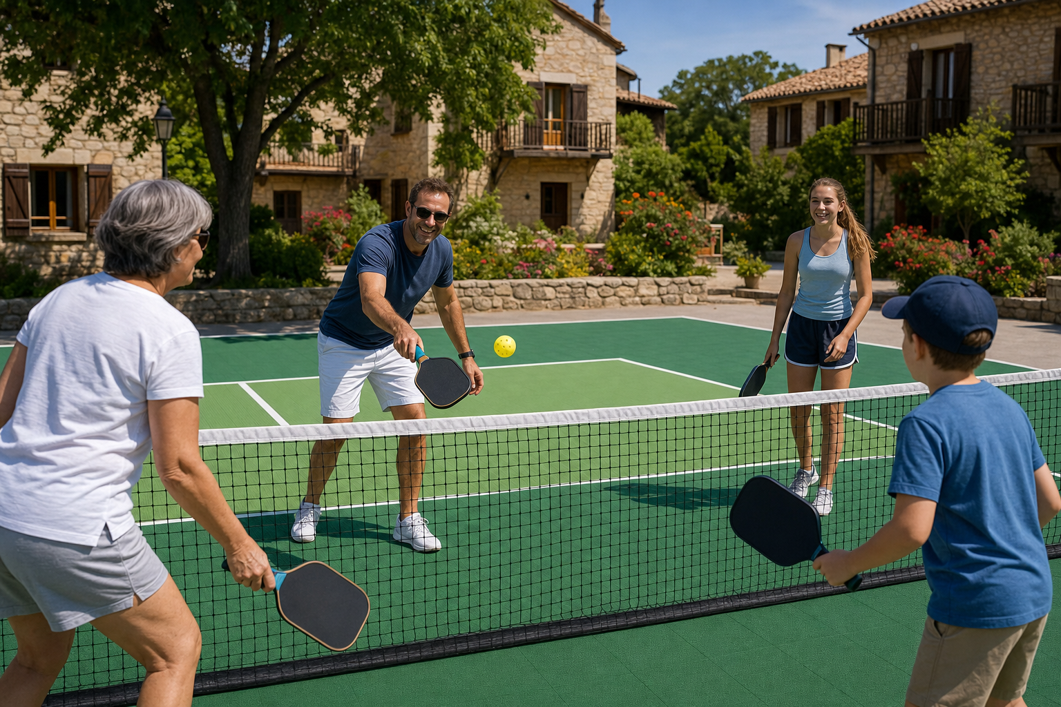 Village vacances — Cottages et animation famille : pickleball intergénérationnel sur toute la saison.